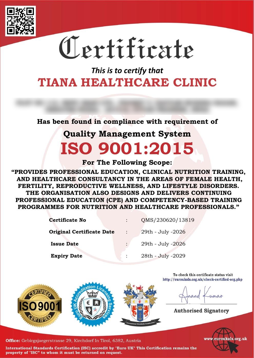 Tiana Healthcare Clinic ISO 9001:2015 quality management system certificate